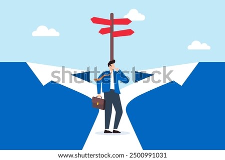 Flat illustration of professional standing at crossroads choosing between multiple career paths with directional arrows