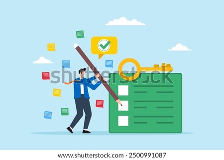 Flat illustration of businessman analyzing problems creating effective solutions writing key points and surrounded by notes or sticky pads