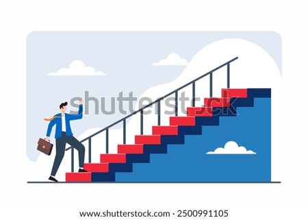 Flat illustration of person setting foot on staircase each step representing different career growth opportunity