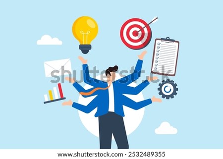 Flat illustration of smart businessman manages multiple project while implementing strategic plan for development