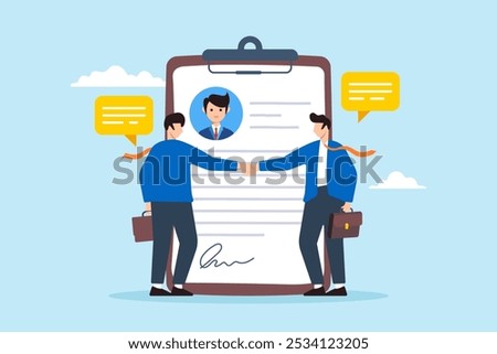 Flat illustration of two businessman shakes hands with new employee finalizing employment contract signature and recruitment agreement