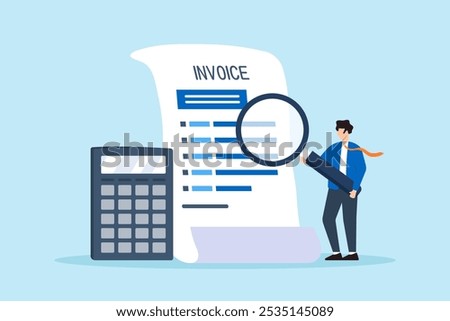 Flat illustration of businessman holds magnifying glass on invoice document managing total amounts and finance calculations