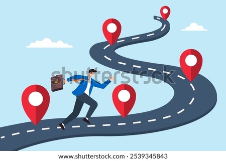 Flat illustration of businessman run on business roadmap marked with milestone pin project success journey achievement workflow timeline process step planning progress