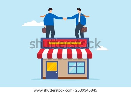 Flat illustration of two businessmen owner shaking hand on enterprise shop B2B agreement between company commerce contractor supplier trade