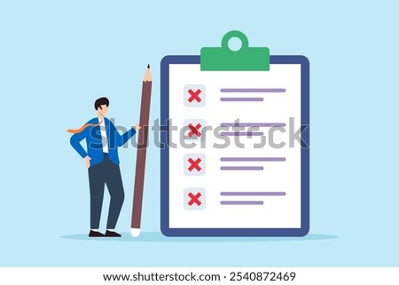 Flat illustration of HR manager hold pencil with cross mark on business checklist clipboard task failed