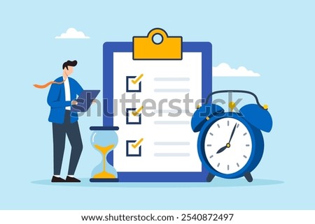 Flat illustration of businessman check deadline checklist with alarm clock and hourglass to do list time management effective business planning