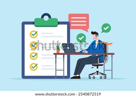 Flat illustration of operator of call center agent or customer service working in headphone and mic sitting at desk with laptop computer checklist and checkmark