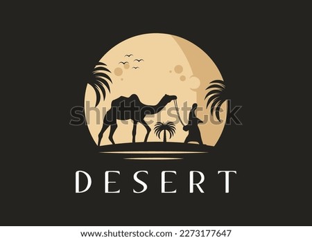 Arabian Logo caravan Camels in desert dunes on beige color gold sand under hot sun in circle wavy pattern background.Design template icon,badge, pictogram,symbol,tourism sign,travel,hot places.Vector