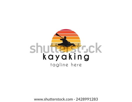 Kayak boat paddle pedal, silhouette of river stream kayaker logo design