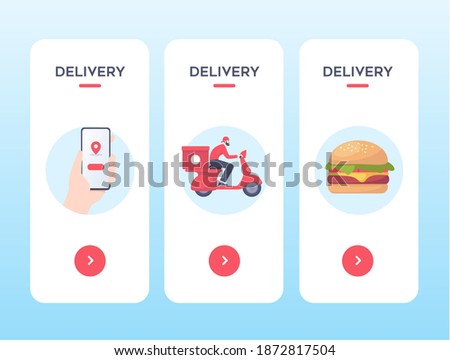 Online store application.
Side screens for food delivery.
Vector illustration. Phone in hand. Food delivery man. Burger.