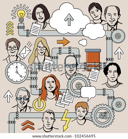 Business mechanism and people The mechanics elements and unrecognizable business people and icons. Color vector illustration.