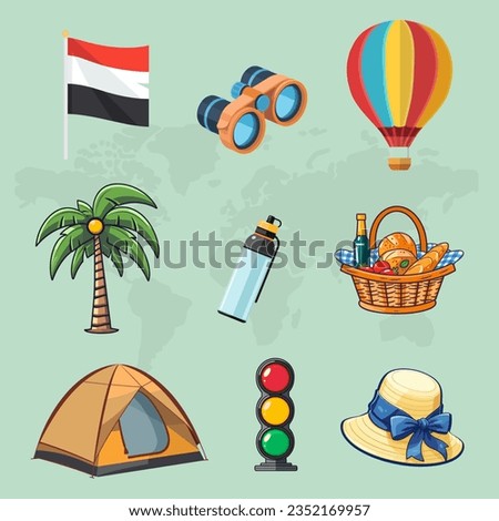 9 world tourism day icon illustrations set. national flag, binocular, hot air balloon, picnic bucket, water bottle, palm tree, camping tent, traffic light sign, and beach hat objects for your design.