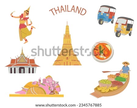 Thailand.  Tourist attraction elements. Landmark, food and market.