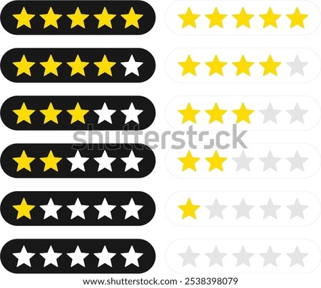 Five star rating. One to five star rating, rate us, review vector icon set isolated on white background.