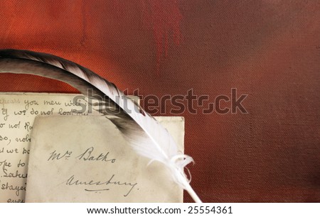 Period set up of a letter,quill pen set on top of a wooden mantle against a red grunge background. All props recreated by self as artist.