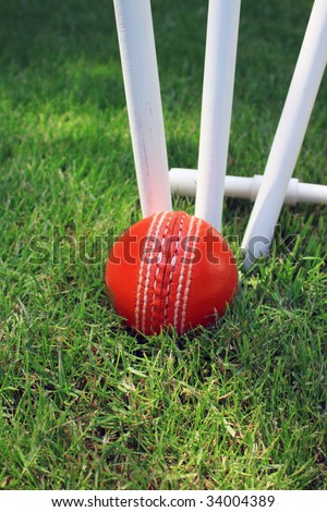 A red leather cricket ball lying in green grass at the base of three white wooden cricket stumps. Set on a portrait format.