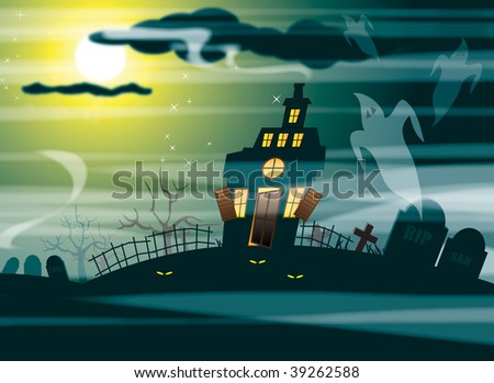 An illustrated image of a haunted house silhouetted against a moonlight sky with ghosts flying around a graveyard background.