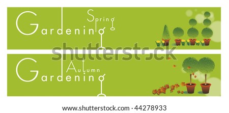 Two horizontal gardening themed banners set on a green background base. Spring and Autumn themed.