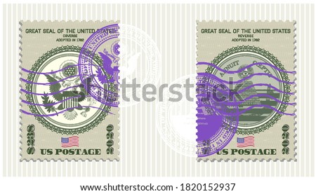 Postage stamps dedicated to the Great Seal of the United States. Guilloche mesh obverse and reverse. Adopted in 1872 EPS10
