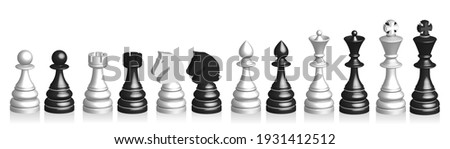 3d set of black and white chess pieces. King, queen, bishop, knight, rook and pawn with shadows on isolated background