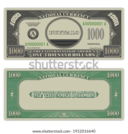 USA fictional paper money. Obverse and reverse of a 1000 dollar banknote. Gray and green frame with guilloche mesh. Buffalo