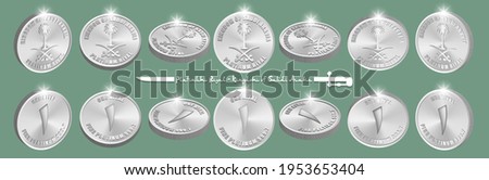 3d set of volumetric coins with ribbed edge. Platinum riyal with the coat of arms of the Kingdom of Saudi Arabia. Obverse and reverse, bright radiant highlights