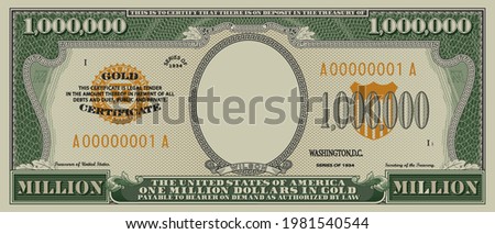 Fictional obverse of a gold certificate with a face value of 1,000,000 dollars. US paper money one million. Part one