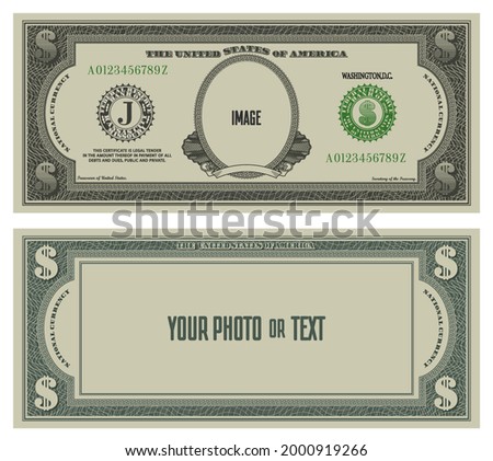 Sample obverse and reverse of fictional paper money in the style of US dollars with inscriptions - your photo or text, image. Blank with guilloche frame and bank seals