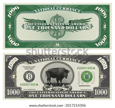 Obverse and reverse of a 1000 dollar banknote with shield and wings. Fictional US paper money with a wild buffalo. Green and gray guilloche frame