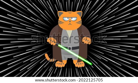 Cartoon funny red fat and disgruntled Jedi style cat with green lightsaber on the background of the star hyper jump effect