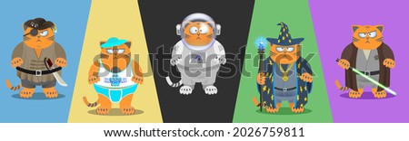 Set of fat cartoon ginger disgruntled cats in different clothes. A pirate, puss in a T-shirt and underpants, an astronaut, a wizard and a Jedi