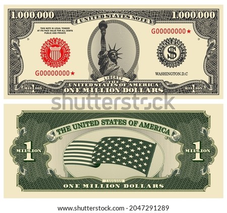 Fictional obverse and reverse of US paper money. One million dollar banknote. Statue of Liberty, stars-striped flag and guilloche frames