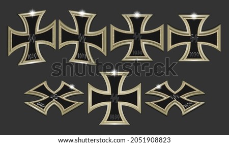 3d set. Black iron cross with 1939 numerals and stylistic lightning in seven projections. Bright highlights and dark shadows on a gray background