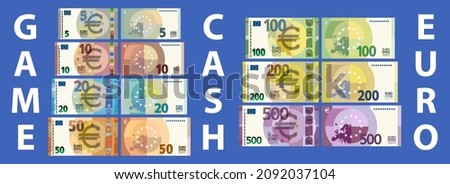 A set of game paper money in the style of EU cash. Banknotes in denominations of 5, 10, 20, 50, 100, 200 and 500 euros. Obverse and reverse