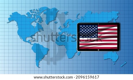 Black tablet with a wavy USA flag on the screen. World map and large dollar shadow. Political poster