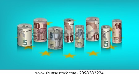 3D set of EU paper money, rolled into rolls. 5 and 10 euro banknotes, obverse and reverse with shadows on a bright cyan background