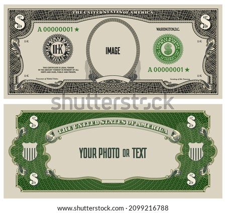 Blank sample of retro paper money. Obverse and reverse of the banknote in the style of vintage US dollars. Empty oval in center. Lettering, image, your photo or text