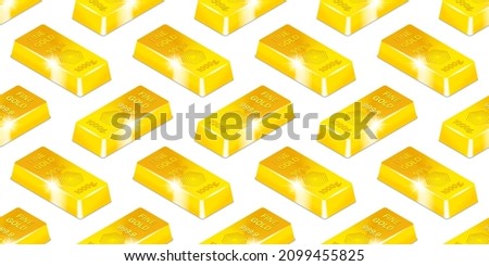 3d seamless pattern. Volumetric gold bars of 999.9 standard and weighing 1000 grams with bright radiant glares, arranged symmetrically on a white background