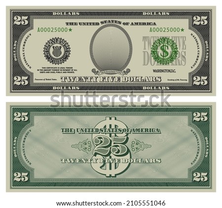 Twenty five dollars banknote. Gray obverse and green reverse fictional US paper money in style of vintage american cash.  Frame with guilloche mesh and bank seals