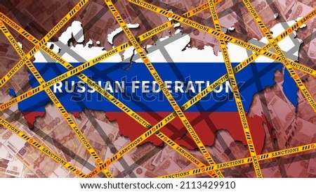 Yellow ribbons with the inscription, sanctions, wrapped around the map of the Russian Federation, painted in the colors of the flag. Economic isolation of Russia. Banknotes 5000 rubles 商業照片 © 
