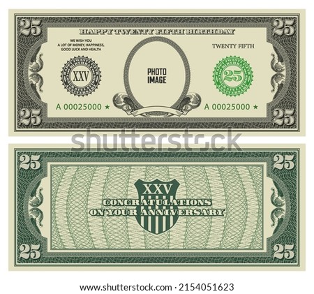 Vector sample of a greeting card with twenty-five years anniversary in the form of vintage US dollars. Congratulations on the 25th birthday. Empty oval and ribbon. Your photo