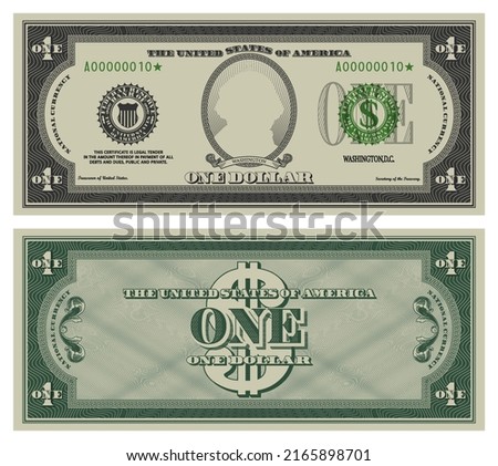 One dollar banknote. Gray obverse and green reverse fictional US paper money in style of vintage american cash. Frame with guilloche mesh and bank seals. Washington