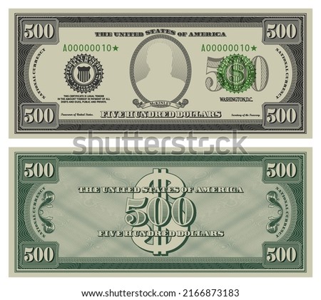 Five hundred dollars banknote. Gray obverse and green reverse fictional US paper money in style of vintage american cash. Frame with guilloche mesh and bank seals. McKinley