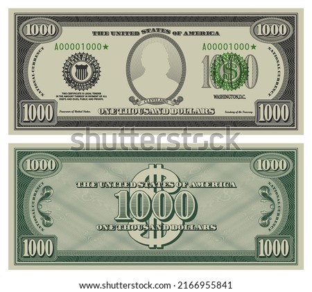 One thousand dollars banknote. Gray obverse and green reverse fictional US paper money in style of vintage american cash. Frame with guilloche mesh and bank seals. Cleveland