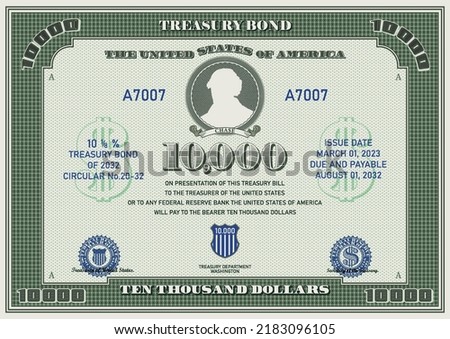 Vector fictional 10,000 US dollars treasury bond. Green frame with guilloche grid, circle with silhouette and ribbon, blue banking seals. Chase