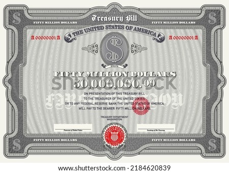 Vector vintage US 50 million dollars treasury bond. Retro frame with guilosh mesh. Valuable paper with a red seal
