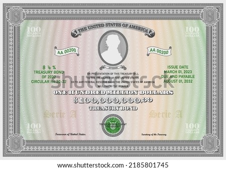 Vector fictional vintage one hundred million US dollar treasury bond. Oval with a silhouette, a ribbon with the inscription Jefferson. Retro frame, guilloche grid