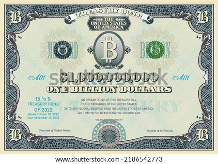 One billion US dollar vector securities. Vintage treasury bond. Retro frame with guilloche grid