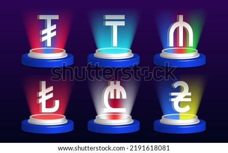 Vector 3d set of various world currency signs. Symbols above bright luminous coasters in the colors of flags on a dark background. Tugrik, tenge, manat, lira, lari and hryvnia