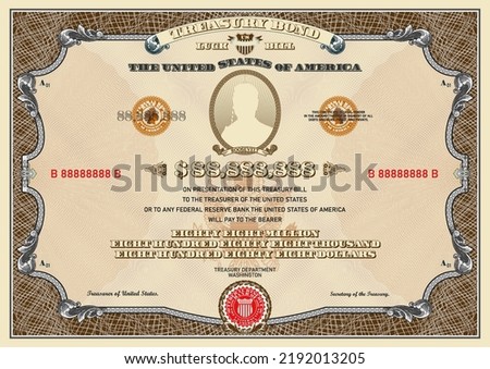 Fictional vector 88 888 888 US dollar treasury good luck bond. Vintage frame with guilloche grid, oval, bank seals and ribbons. 